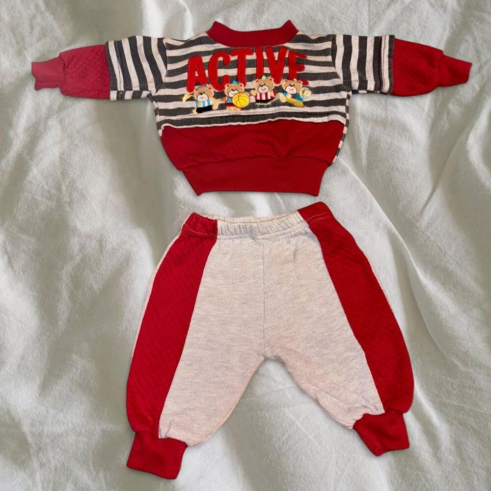 Vintage Y2K Retro Teddy Bear 2 Piece Active Athletic Sweatsuit Tracksuit  3/6M